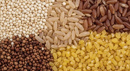 An overhead shot showcasing a variety of grains including quinoa, brown rice, white rice, bulgur wheat, and buckwheat arranged in distinct sections.