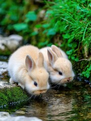 Fototapeta premium Two adorable baby rabbits drink from a shallow stream surrounded by lush greenery.