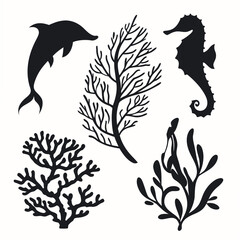 Dolphin seahorse coral reef plants seaweed underwater © Sa