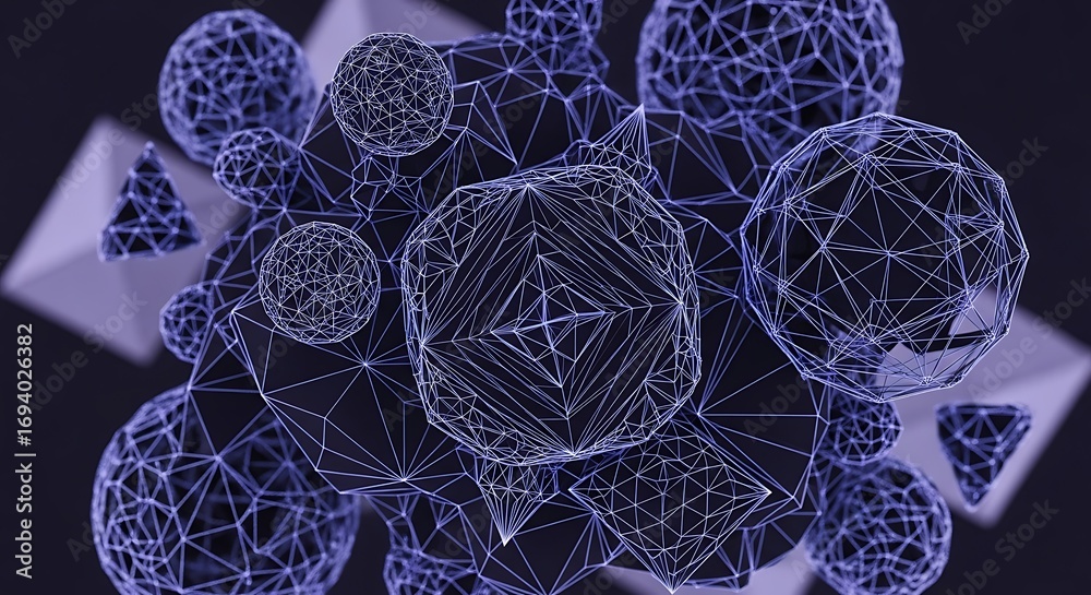Wall mural abstract 3d rendering of geometric shapes with wireframe structures against a dark background