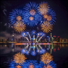Fototapeta premium colorful fireworks exploding over a city skyline at night