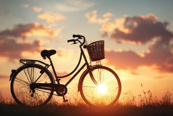 Silhouetted bicycle on a grassy field, framed against a warm, vibrant sunset with cloudy skies
