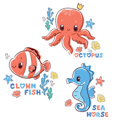 Hand Drawn Cute octopus and clownfish, seahorse, sea friends, kids marine Vector Illustration
