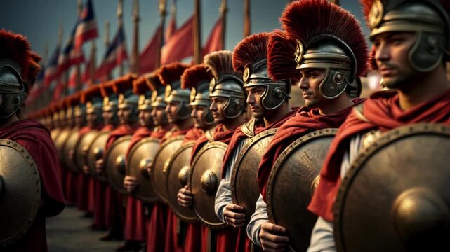 Roman legionnaires in centurion helmets with red plumes standing in battle formation with shields and swords. Epic ancient military scene with dramatic lighting and flags.