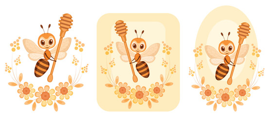 A funny bee with a honey spoon on a background of flowers. Vector illustration in a children's style, suitable for honey advertising, packaging, banners, labels and children's projects
