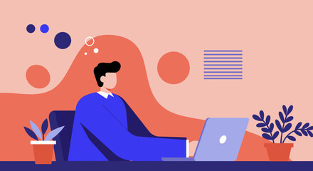 An illustration of a person focused on a laptop at a modern desk, surrounded by abstract shapes and potted plants. Ideal for business, remote work, or online learning concepts.