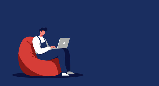 Young man working or studying remotely on a laptop while comfortably seated on a red bean bag, illustrating modern flexible lifestyle and productivity.