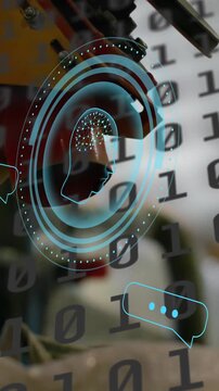 Binary code and digital communication icons over robotic machinery