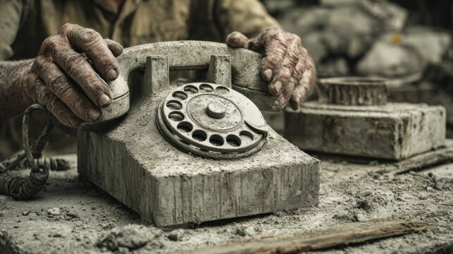 Aged, weathered hands cradle a dusty, rotary phone atop rubble. Desolation is palpable in the textured scene