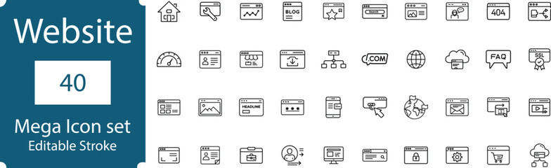 Website mega icon set with 40 editable stroke icons, isolated on transparent background, representing various web and digital concepts for design and development