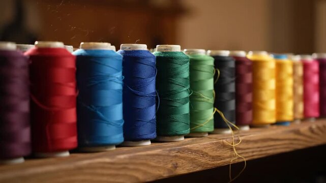 A close-up video of a row of colorful sewing thread spools on a wooden shelf, with dust motes floating in the light. A concept of crafts, tailoring, and creativity.