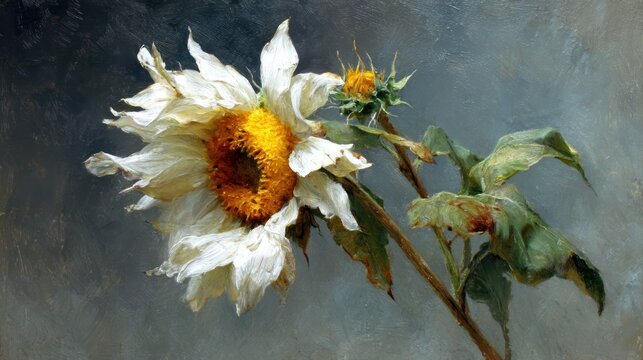 Fading white sunflower with a golden center, captured in a painterly style against a textured, muted background
