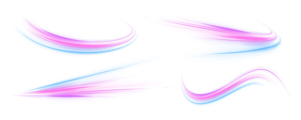 Obraz na płótnie Canvas Abstract neon rays of light on a transparent background in PNG format. Database fast data transfer acceleration. Cyberpunk light trails in motion or slow shutter effect.