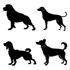 Four black dog silhouettes standing on white background dogs