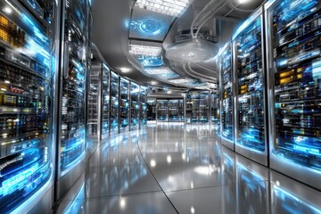 Futuristic Server Room with Glowing Lights and Reflections