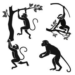Four black monkey silhouettes hanging from tree branches vector