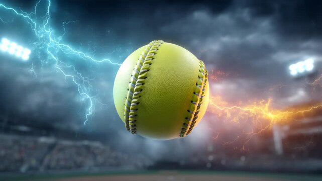 Softball in Stadium with Lightning Strikes - Intense Competition Concept