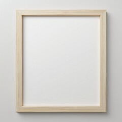 Minimalist style interior with simple white background and light wooden frame hanging on the wall, clean modern design mockup template, hyperrealistic high resolution background for posters or artwork