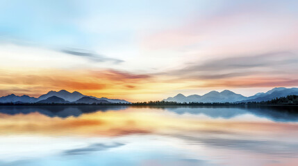 Fototapeta premium Serene landscape featuring tranquil lake reflecting colorful mountains at sunset, creating peaceful atmosphere