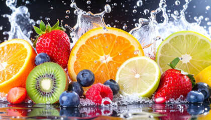Close-up of Strawberries, Oranges, Kiwi, and Pineapple with Water Droplets