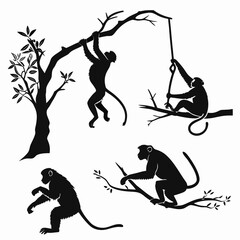Four monkey silhouettes tree climbing swinging sitting branch