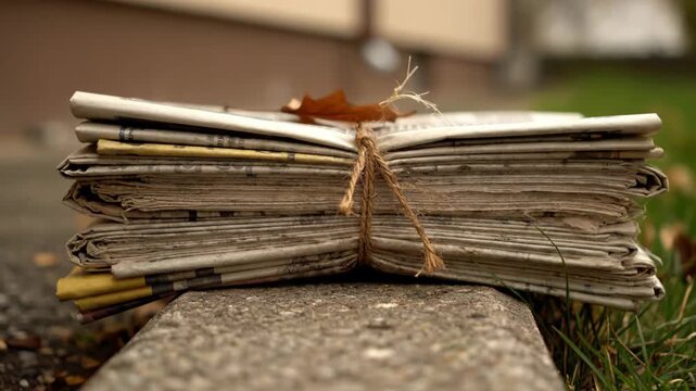 A close-up video of a stack of old newspapers tied with twine, as an autumn leaf falls onto it. A concept of the past, memories, news, and the passage of time