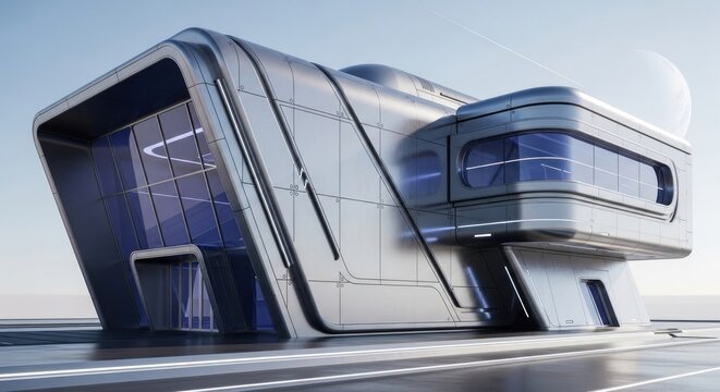 A futuristic, silver building with blue glass gleams under a clear sky, hinting at a modern, distant utopia