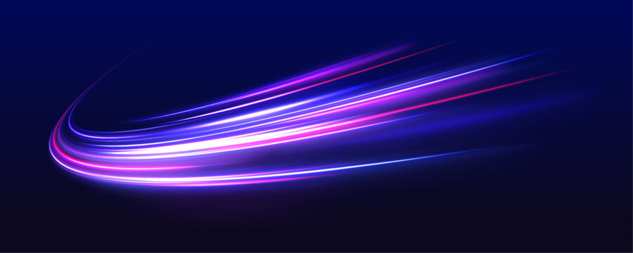 Abstract image of speed motion on the road. Vector glitter light fire flare trace. Dark blue abstract background with ultraviolet neon glow, blurry light lines, waves