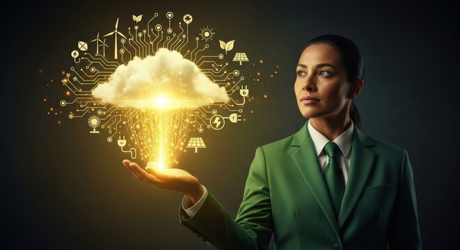 Businesswoman presenting cloud computing and sustainable energy solutions for the future