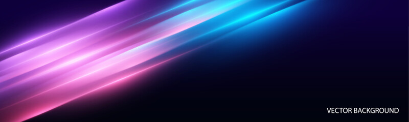 Naklejka premium Abstract horizontal neon light trails glow in blue and red on a dark gradient background. Motion blur and lens flare create a vibrant speed effect. Perfect for futuristic banners. 