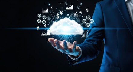 Businessman holding cloud computing with financial icons on dark background