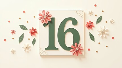 Minimalist Mexican Independence Day poster with number 16 and festive decorations red, green and white geometric accents and subtle papel picado pattern