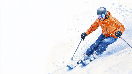 Skier in orange jacket gracefully navigates through fresh snow, showcasing skill and excitement on slopes