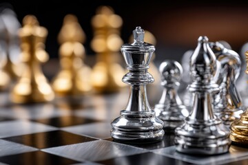 Silver Chess King on Board Close Up