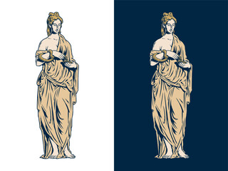 Hygieia or Hygeia goddess, ancient greek or roman mythology. Young woman in dress holding a snake and a bowl, isolated on the white background. Pharmacy or medicine concept. Engraving or etching style