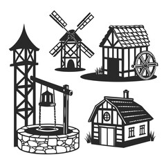Medieval village structures windmill well water tower silhouette