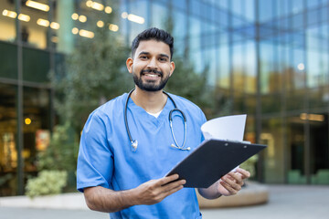 Portrait of smiling young indian doctor holding medical records outside hospital