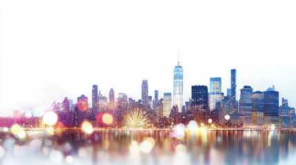 Fototapeta premium Vibrant city skyline illuminated by fireworks, showcasing modern architecture and festive atmosphere