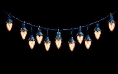 Low-resolution pixelated garland of lights with yellow, orange, & blue hues hung against a solid black background