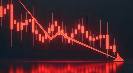 Naklejka premium Red stock market chart showing a significant downward trend with candlestick patterns and arrow indicator
