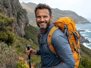 Happy Caucasian man hiking in mountainous coastal area