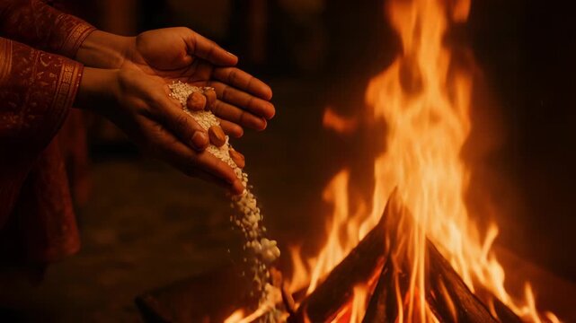 Close-up of hands throwing sesame seeds, jaggery, rice, and nuts into a Lohri bonfire, fire flames glowing, warm orange tones, cultural symbolism, Indian harvest ritual detail shot.