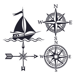 Sailing ship compass rose and weather vane silhouettes nautical maritime