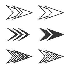 Six abstract directional chevron shapes with geometric patterns arrow forward