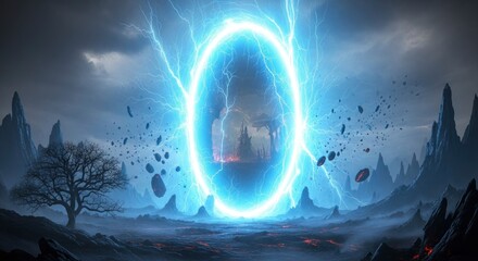 An electric blue glowing ring generates lightning and floating debris in a desolate rocky landscape with jagged peaks and a bare tree under a dark sky revealing a distant structure