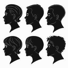 Six diverse human profile silhouettes black and white head face