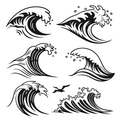 Six dynamic ocean waves and water splashes surf cresting