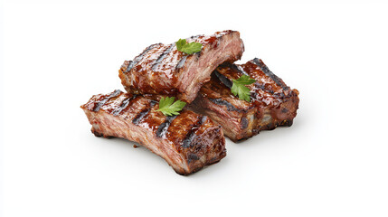 Grilled steak pieces garnished with herbs, showcasing delicious and appetizing appearance