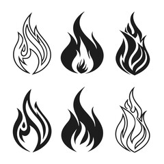Six stylized flame icons black and white fire symbol