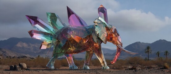A crystal elephant with crystal shards on its back stands in a desert landscape with mountains in the background